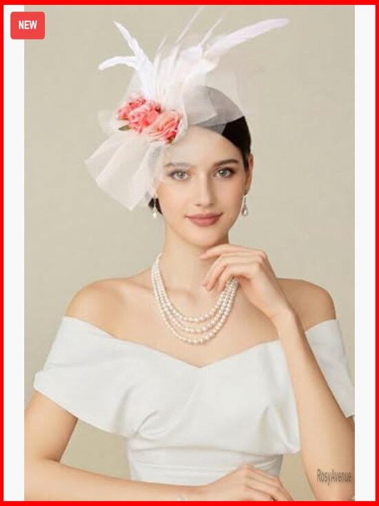 White Fascinator Hat with Feathers Flowers Headband Hair Clip Derby